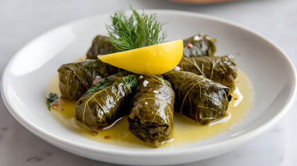 Delicious Dolmades with Tender Grape Leaves, Fresh Herbs, and a Slice of Lemon on a White Plate