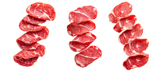 Set of thin slices of cured meat Capocollo isolated on white transparent background, concept of gastronomy