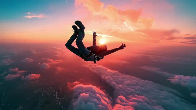 Aerial video captures a skydiver in freefall at sunset, with a wide-angle view of vibrant clouds and horizon, emphasizing adventure and freedom.