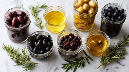 Various types of Italian olives are displayed in glass jars with rosemary sprigs on a white marble countertop, creating a fresh and appealing arrangement