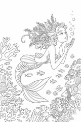 Sirena sul fondo del mare, pagina da colorare in bianco e nero