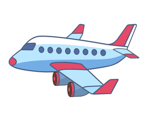 Passenger plane flying in the sky side view. Plane in cartoon design. Toy plane flat style. Airplane light blue color with pink tips. Travel concept. Vector illustration isolated on white background 