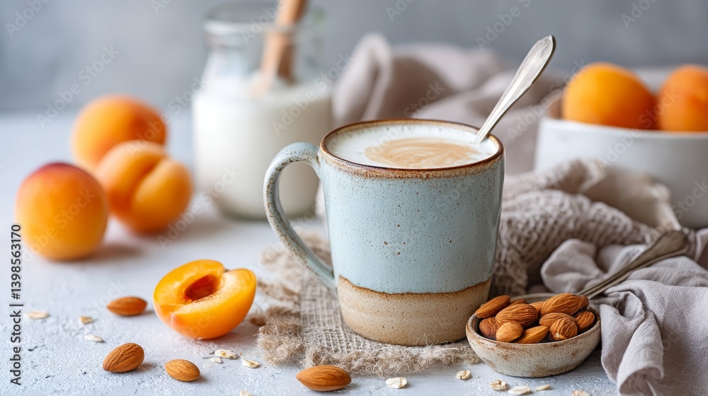 Poster a rustic clay mug overflows with creamy yogurt, garnished with fresh peach chunks and almonds, set i