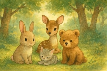 Obraz premium Adorable woodland animals: bunny, fawn, bear cub, and kitten in a sunlit forest