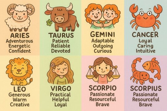Zodiac sign traits: illustrations of aries to pisces with character descriptions