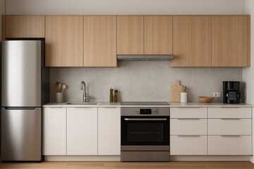 Modern minimalist kitchen with stainless steel appliances and wooden cabinets