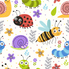 Cute cartoon pattern for kids design. Seamless funny background with snail, ladybug, frog, caterpillar, bee