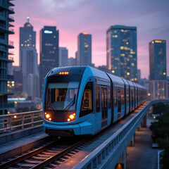 Naklejka premium Modern train travels through urban city skyline. Miami Brickell district with tall skyscrapers, buildings, rail transit, public transportation. Travel, transport, passenger train on elevated track.