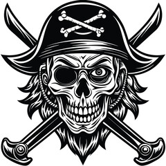 Pirate Skull with Eye Patch, Bones, Bandana, Beads, and Crossed Cutlasses Icon, Isolated
