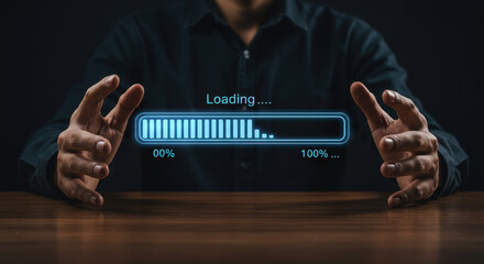 Loading Progress: Impatiently Waiting for 100%? Digital Progress Bar, Download, Update, Man's Hands, Technology, Innovation, Progress