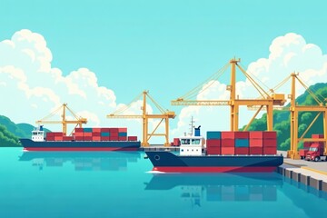 Fototapeta premium A set of flat vector illustrations of cargo ships carrying containers and goods in a port setting, port, goods, logistics