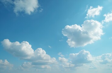 Obraz premium Blue sky with puffy white clouds. Scenic sky background for weather, climate, nature tech, cloud computing, data storage, cloud services, ecological protection. Clear sunny day.