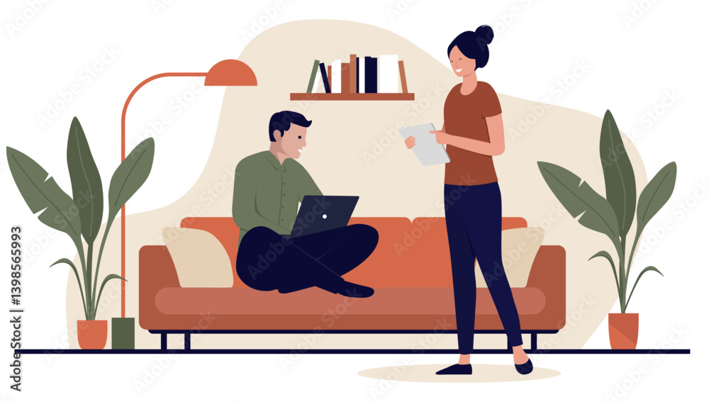 Poster Young couple using computer, devices and screens at home in sofa relaxing. Domestic life and digital leisure activities concept in flat design vector illustration with white background