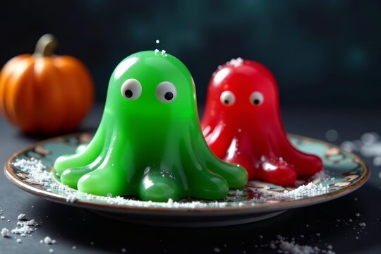 A spooky halloween-themed gelatin dessert topped with creepy eldritch monster shapes, green, gelatin
