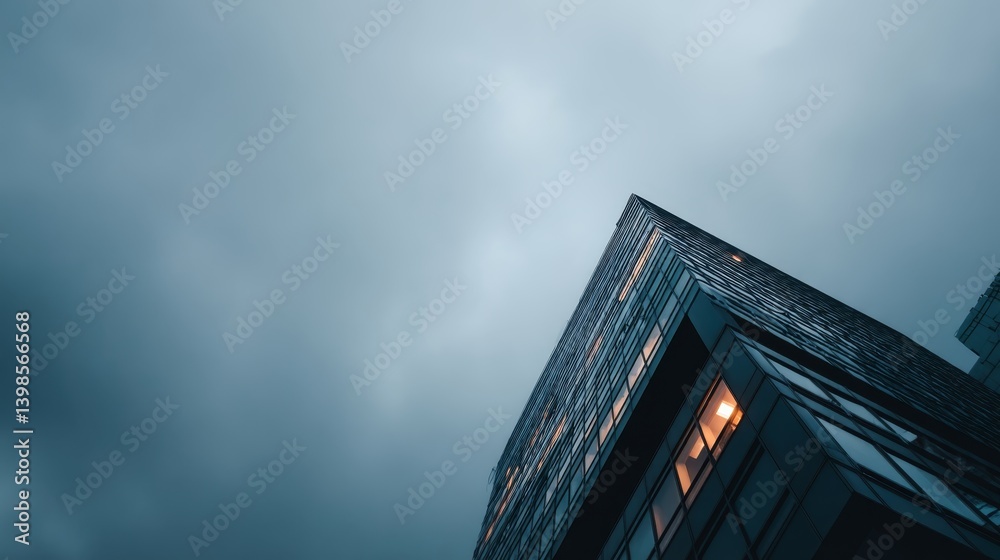 Poster at twilight, a modern office tower glows with amber lights, showcasing its sharp angles and reflecti