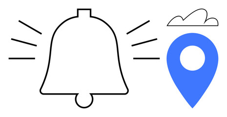 Bell with sound lines and blue location marker under a small cloud. Ideal for notifications, reminders, geolocation, alerts, travel, cloud services, and communication. Flat simple metaphor