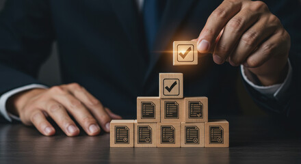 Task Completion: Building Success with Checks & Documents. Strategy, Compliance, Checklist, and Achievement Visual.