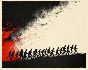 Minimalist silhouette: crowd running from collapsing abstract shape, duotone black and red panic theme.