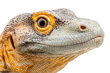 Fototapeta premium a close up photo of a large lizard with bright orange eyes on a transparent background, PNG image, PNG file, Generative art.