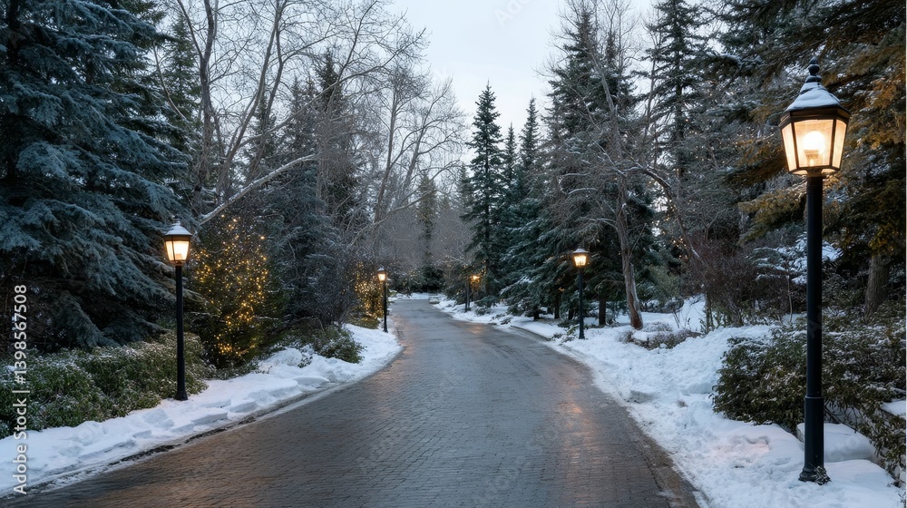 Poster a snow-covered park path illuminated with lanterns leads through decorated evergreen trees, capturin