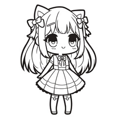 Cute Chibi Anime Girl with Cat Ears and Ribbon Dress – Kawaii Style Black and White Coloring Page for Kids and Teens