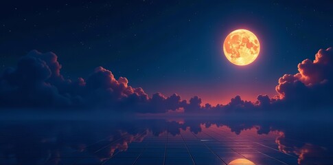 Dark sky with glowing moon and abstract tiled design , tiles, glowing