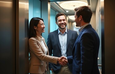Business colleagues shake hands, greeting each other in elevator. Woman, two men in suits smiling, happy in teamwork at workplace. Partnership deal. Teamwork success, business meeting.