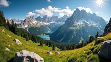 Fototapeta premium Panoramic view of Vanoise National Park in France during a mild, sunny summer midday.