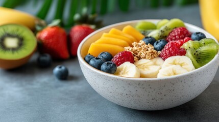 Bowl of fruit salad with mixed fresh ingredients healthy eating
