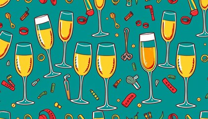 Hand-drawn doodle seamless pattern of champagne and wine glasses, illustration, pattern