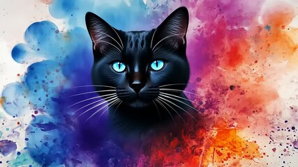 A striking black cat with vibrant blue eyes emerges from a colorful splash of paint, creating a vivid artistic scene - Powered by Adobe