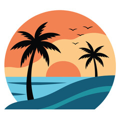 sunset at the beach with palm trees and soft waves