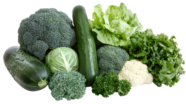 a bunch of fresh vegetables including broccoli and cucumbers on a transparent background, PNG image, PNG file, Generative art.