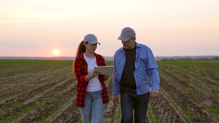 two farmers work field handshakemachinery road insurance wealth digital horizon slow pc cereal view garden labor sky worker inspect, corporate sunset, work tablet agriculture, hand sun farming farm