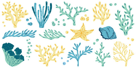 Flat outline seaweed and coral. Abstract organic shape, underwater plant, Matisse element, cute sea drawing. Cartoon sea floral set. Trendy minimal vector set.