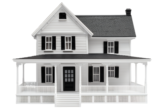 a 3d model of a white house with a porch on a transparent background, PNG image, PNG file, Generative art. - Powered by Adobe