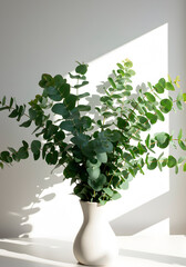 Fototapeta premium Eucalyptus Branches in White Ceramic Vase with Soft Shadows