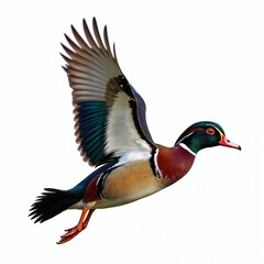 Obraz premium Male wood duck drake in flight on white background. Colorful plumage features red blue purple green chestnut colors. Details of under wing feathers visible. Wildlife, birding and ornithology.