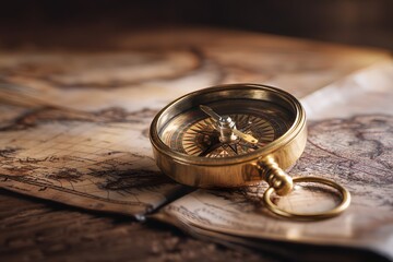 Guiding Light: An antique brass compass rests gracefully upon an ancient, weathered map, evoking a sense of exploration, navigation, and discovery.