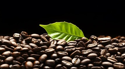 Obraz premium Fresh Roasted Coffee Beans with Green Leaf