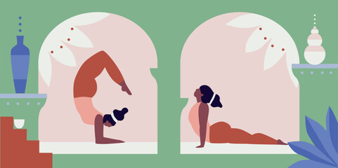 Authentic wellness. Woman exercising yoga vector illustration.