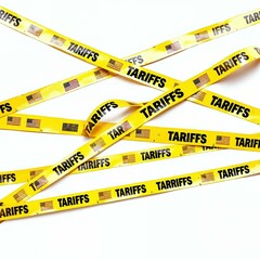 Bright Yellow Tariffs Warning Tape with American Flags Crisscrossed on White Background, High Contrast Restriction Concept