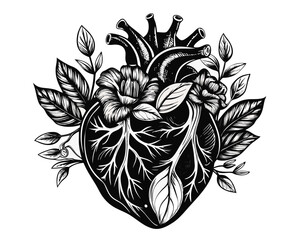 Anatomical heart with flowers and leaves in black and white detailed illustration style drawing art