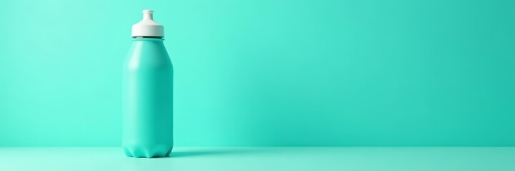 Minimalist composition of teal water bottle against turquoise backdrop, environment, modern