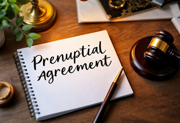Prenuptial Agreement Document on Rustic Wooden Desk with Gavel, Wedding Ring, and Law Book – Legal and Marriage Concept