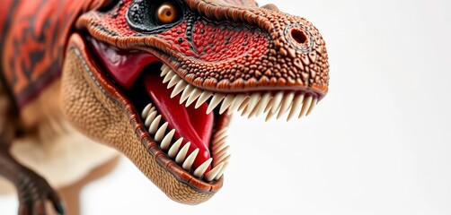 Obraz premium Ominous Tyrannosaurus Rex figurine close-up, sharp teeth, white background, scary, toy