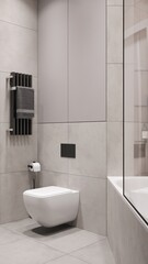 Modern bathroom interior, modern bathroom cabinet, white sink, wooden counter, bathroom accessories and toilet, 3D render