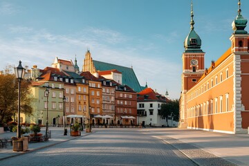 Fototapeta premium Warsaw Old Town Square: A picturesque cityscape of Warsaw, featuring historic buildings and the charm of Old Town under a vibrant blue sky.