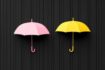 Pink and Yellow Umbrellas on Black Vertical Panels: Minimalist Contrasting Decor