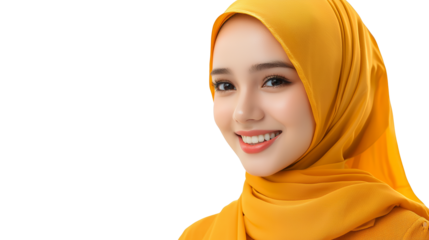 a beautiful young woman wearing a yellow scarf or shawl with a smile on her face on a transparent background, PNG image, PNG file, Generative art.